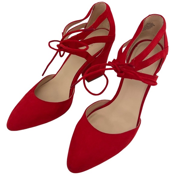 NINE WEST • Bright Red Stefani Suede Strappy Pointed Toe Block High Heels - Picture 6 of 14